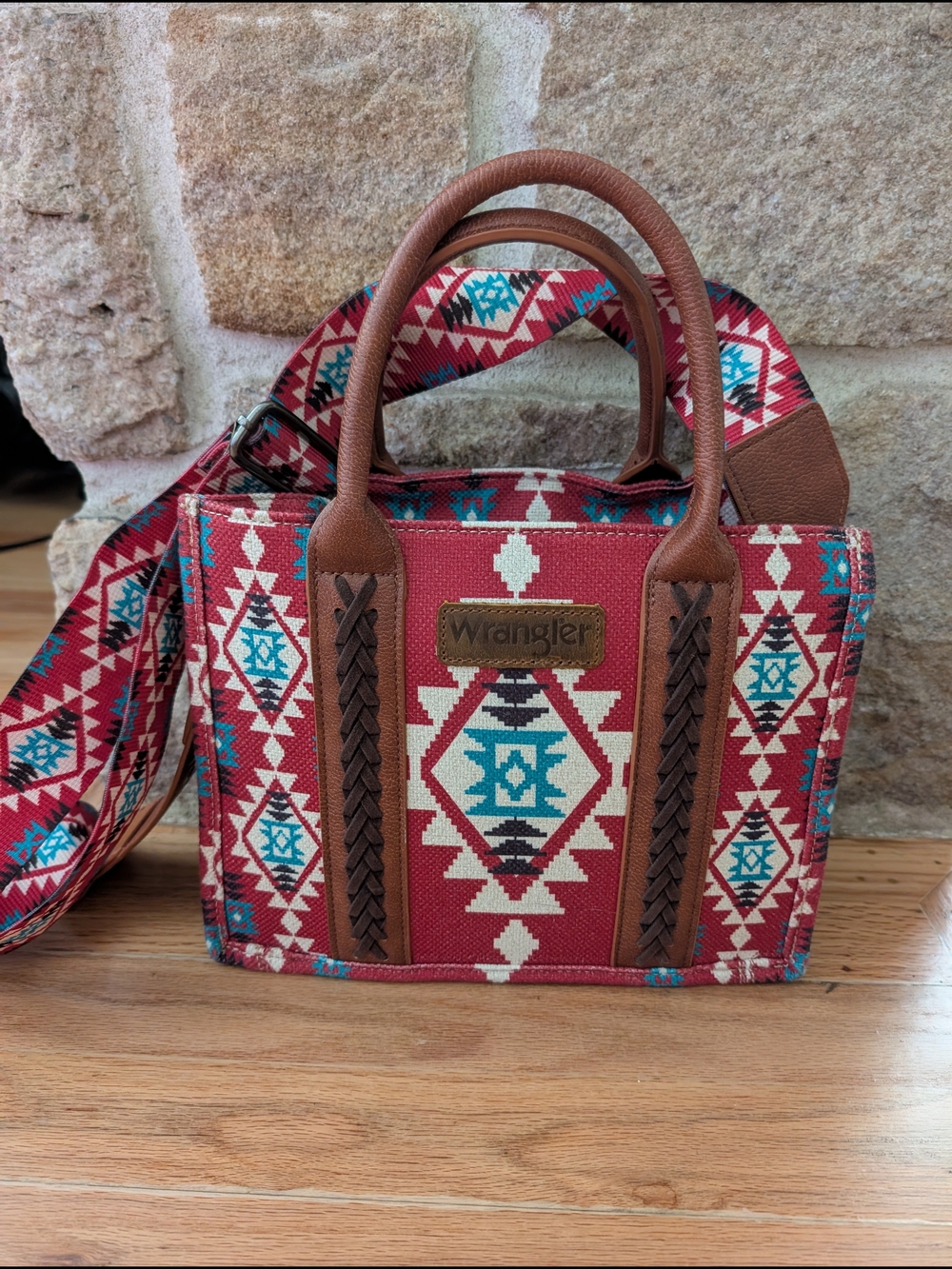 Wrangler Red Aztec Crossbody Bag with Brown Trim And Strap Boho